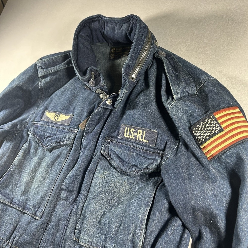 Polo Ralph Lauren Military Denim Field Jacket Hooded US RL Flag Utility Mens M - Picture 2 of 13